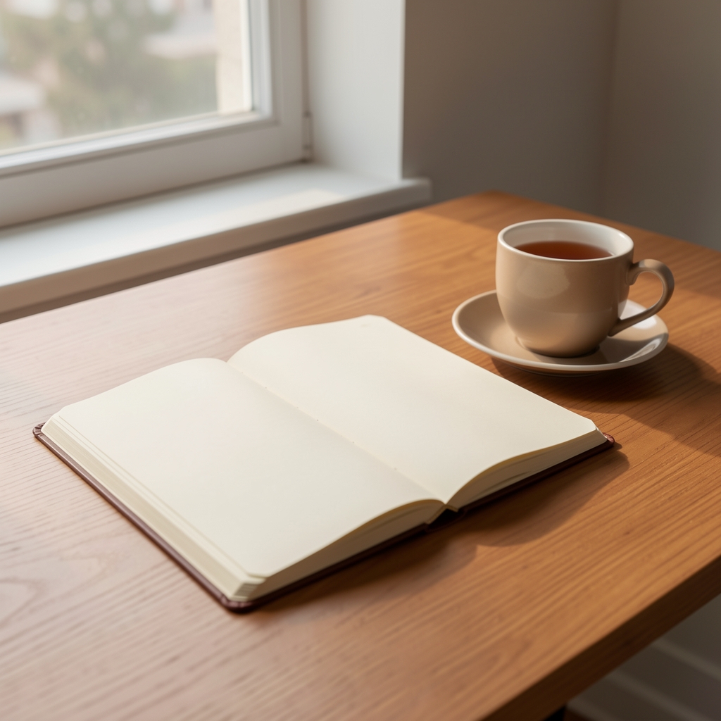 Open notebook on a smooth wooden desk with a cup of tea, morning daylight from a nearby window