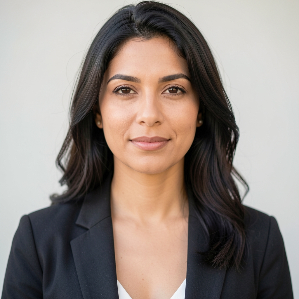 Editorial portrait of a woman with dark hair in soft natural light, a pale background behind her