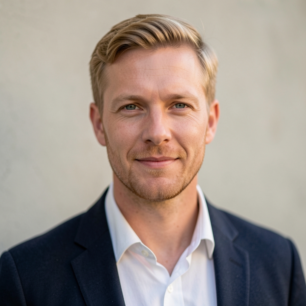 Editorial portrait of a man with light hair, a plain wall behind him, photographed in studio lighting with a relaxed expression