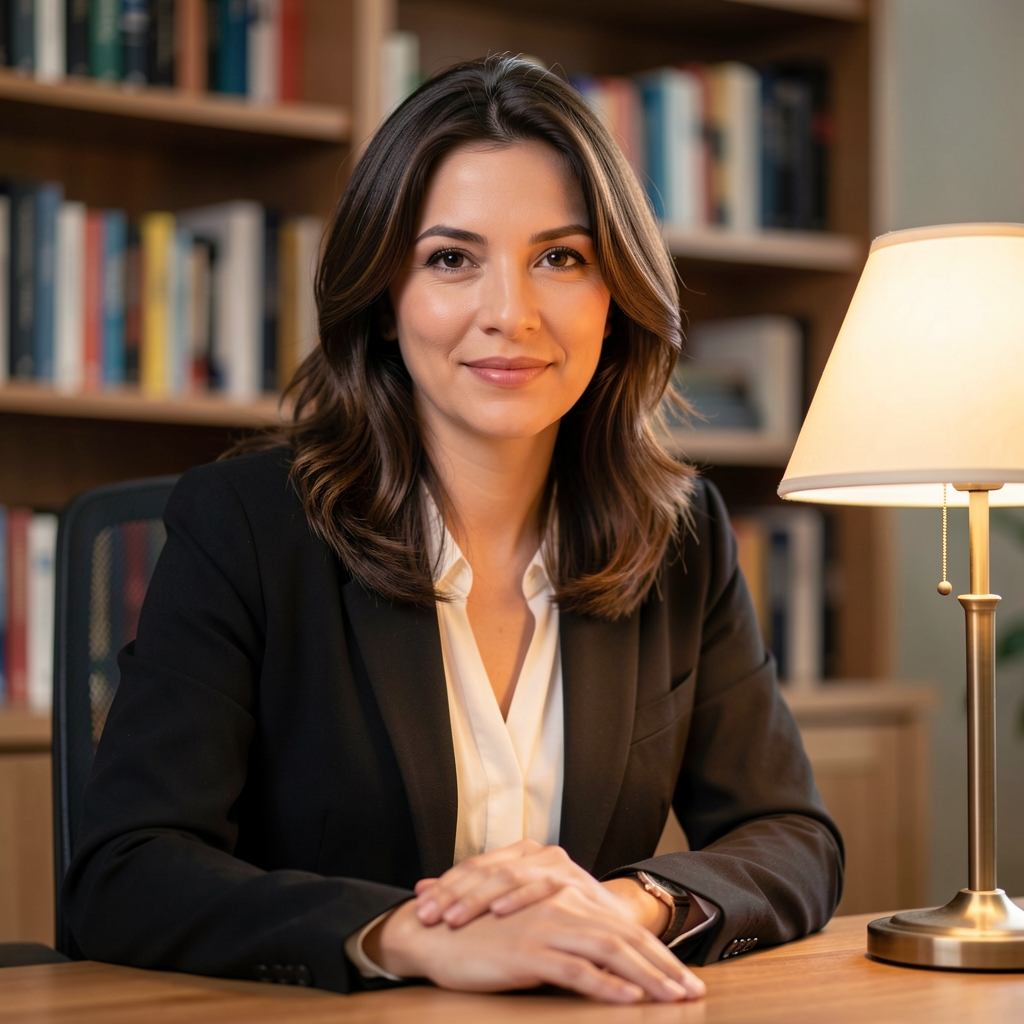 Editorial portrait of a woman seated at a desk, warm indirect lighting from a lamp beside her, a bookshelf in the background