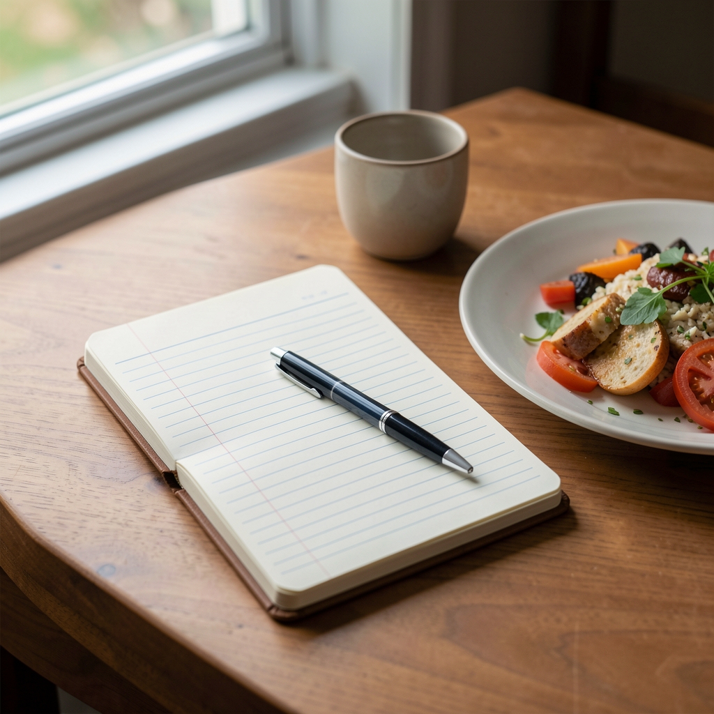 Small lined notebook open beside a half-finished meal, a pen resting on the page, natural window light from the side
