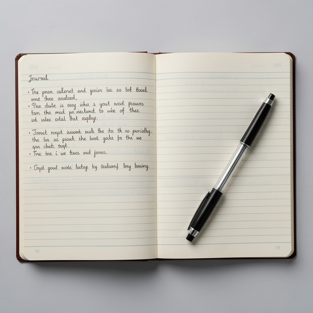 Open food journal with handwritten entries on lined pages, a pen resting across the right-hand page, photographed from above in studio lighting