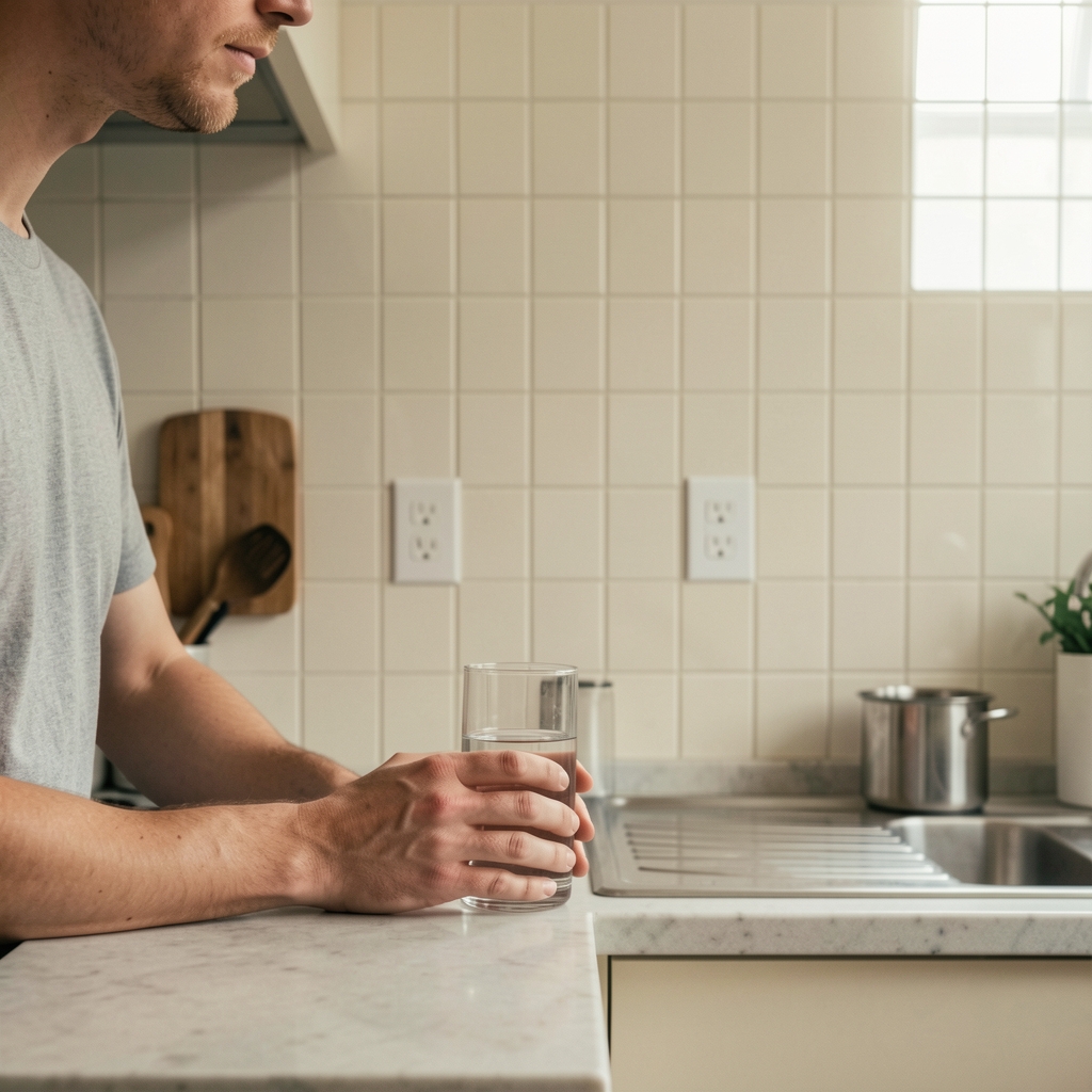 Quiet moment in a kitchen, person standing at a counter holding a glass of water, pale tiled wall behind them