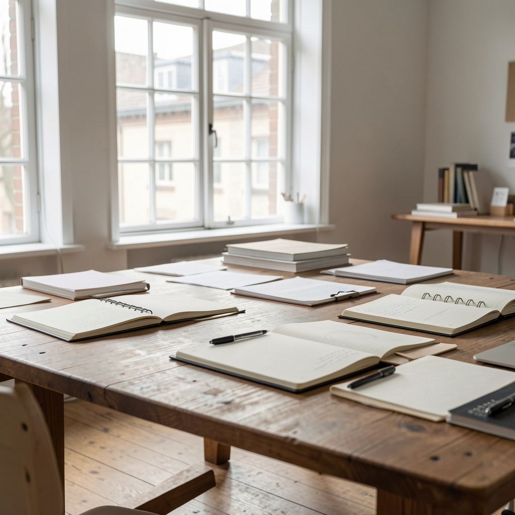 A light-filled editorial workspace with a long wooden desk, scattered papers and open notebooks, a large window behind