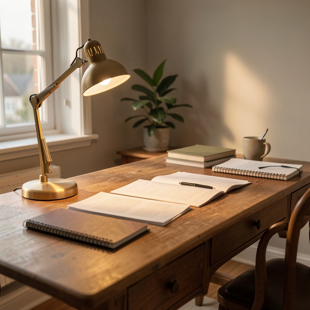 A writing desk with a lamp switched on, papers and notebooks in front of it, late afternoon light in the room